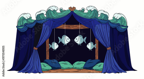 Enchanting ocean-themed canopy bed featuring stylized waves, deep blue curtains, and suspended fish decorations. Perfect for dreamlike relaxation.