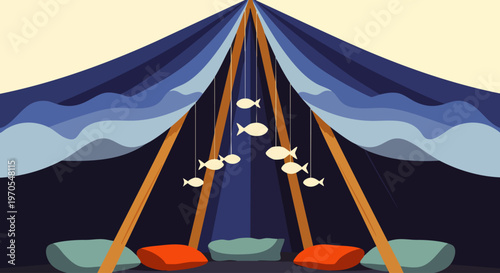 Cozy children's tent with fish mobile and colorful cushions, creating a magical underwater world for play and imagination