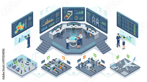 Isometric Smart City Command Center with Data Analytics Dashboard, IoT Network Management, and Urban Infrastructure Monitoring Technology