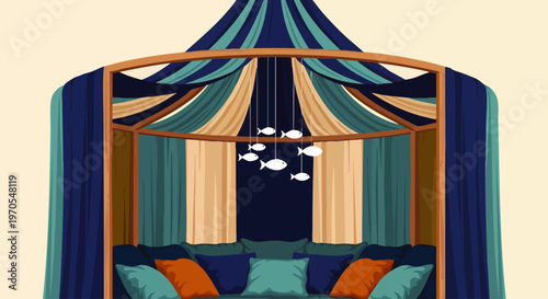 Luxurious Moroccan Tent with Comfortable Seating, Pillows, and Fish Chandelier, Exotic Interior Design