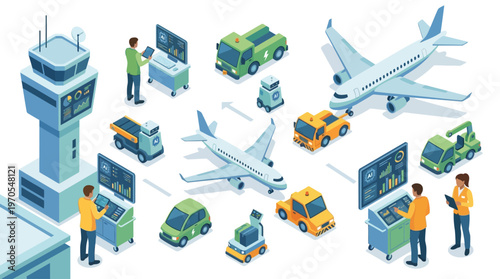 Isometric Smart Airport Operations with Autonomous Vehicles, Air Traffic Control Tower, Ground Crew, and Digital Logistics Management Technology