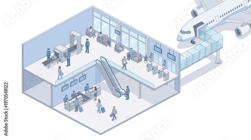 Isometric Airport Terminal Security Check with Passengers Boarding Plane, Modern Travel Infrastructure Vector Illustration