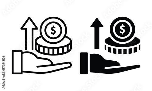 Hand Holding Dollar Coins Upward Growth Arrow Finance Investment Vector Icons Duo