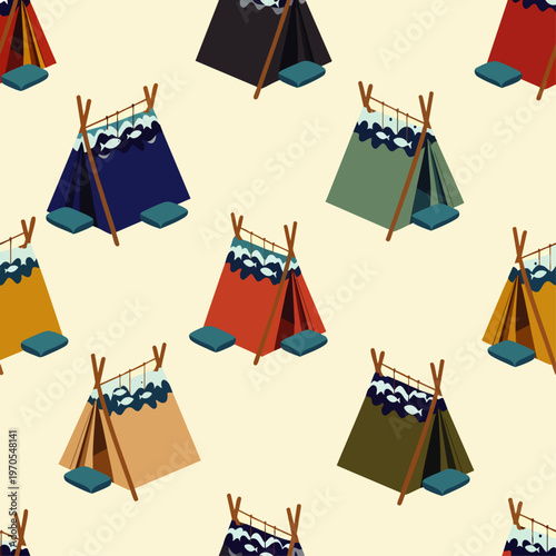 Seamless pattern of colorful teepee tents with snow on top, isometric view, cartoon style, on a light yellow background