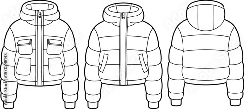 Flat vector puffer jacket fashion technical sketch front back hood quilted