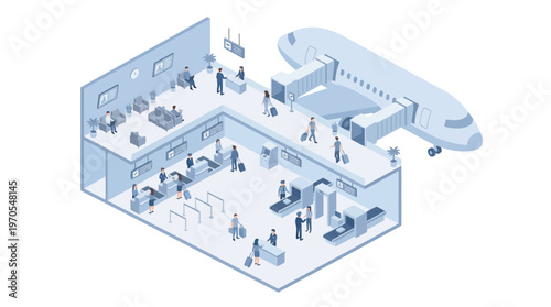Isometric Airport Terminal with Passengers Boarding Plane, Business Travel Check-in Counter Security Checkpoint Vector Illustration