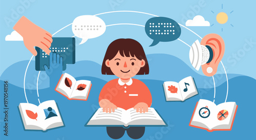 Young girl learning Braille and hearing with books and symbols around her