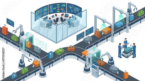 Isometric Smart Airport Baggage Handling System with Automated Conveyor Belts, Robotic Arms, RFID Tracking, and Control Room Monitoring Digital Technology