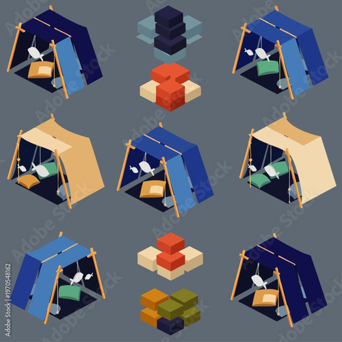 Isometric illustration of camping tents and sleeping bags, representing outdoor adventure and recreation
