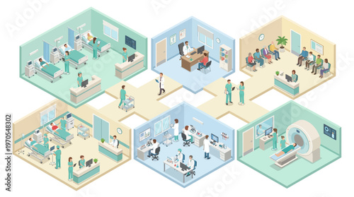 Isometric Hospital Interior with Doctors Nurses Patients Medical Staff Working in Clinic Rooms Healthcare Facility Vector Illustration