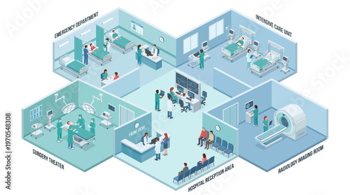 Isometric Hospital Interior with Medical Staff and Patients - Emergency Surgery ICU Radiology Reception Healthcare Facility 3D Cutaway Illustration