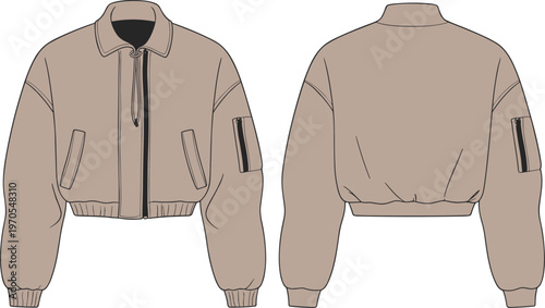 Flat vector bomber jacket fashion technical sketch front back sleeve pocket