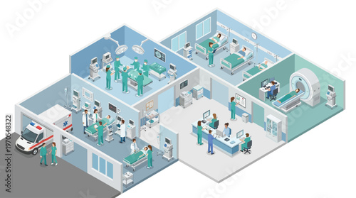 Isometric Hospital Interior with Medical Team Surgery Emergency Room MRI Scanner Healthcare Professionals Working Modern Clinic 3D Cutaway