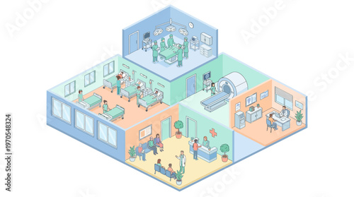 Isometric Hospital Interior with Surgery Room MRI Scanner Patient Ward and Medical Staff, Healthcare Facility Cross Section Illustration