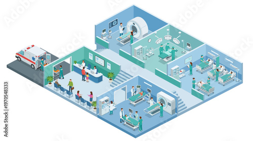 Isometric Hospital Interior with MRI Scanner Surgery Room Emergency Medical Staff and Patients Modern Healthcare Facility Cutaway View