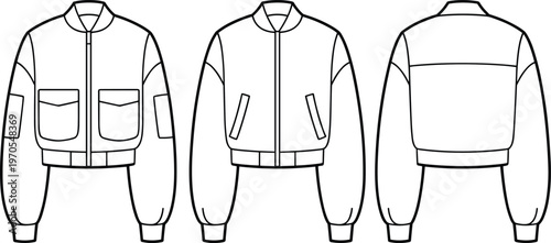 Flat vector bomber jacket fashion technical sketch front back pocket variations