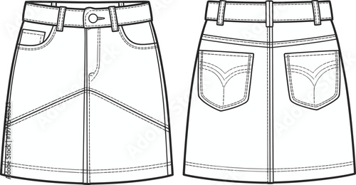 Flat vector denim skirt fashion technical sketch front back detailed view