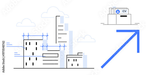 Career growth concept. Career illustrated through urban development and resume submission. Career opportunities showcased with buildings, growth symbols, and upward pathways. For job search, resumes
