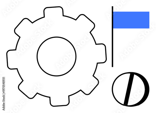 Engineering, process optimization, teamwork, flags, operational settings, technology symbol. A gear, blue flag and split circle design . Engineering and process optimization concept