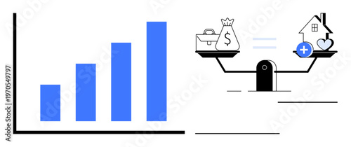 Financial growth. Financial growth illustrated by rising bar graph and balance scale showing wealth and life priorities. Financial growth progress and stability. Ideal for economy, career