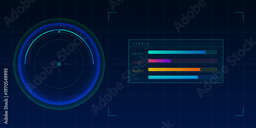 Modern digital interface with circular radar and charts