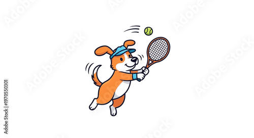 Cute cartoon dog playing tennis with a racket and ball.