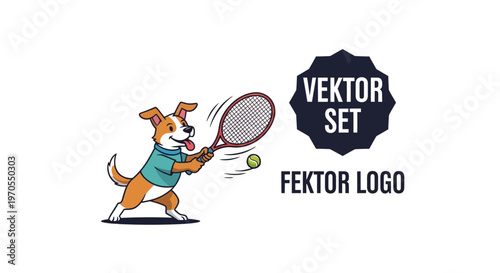 Cute dog playing tennis with a racket and ball.