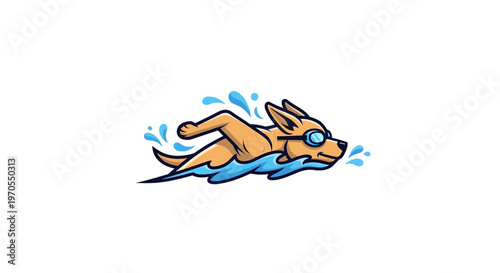Cute cartoon dog wearing goggles swimming laps.