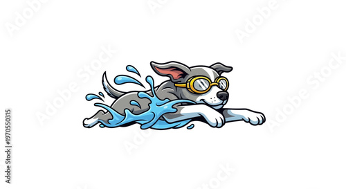 Cute dog wearing goggles swimming with enthusiasm.