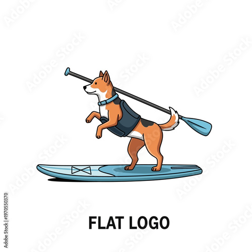 Dog Paddleboarding with Oar Flat Logo Design.