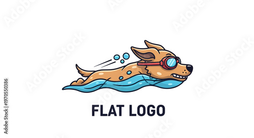 Cute cartoon dog swimming with goggles and bubbles.