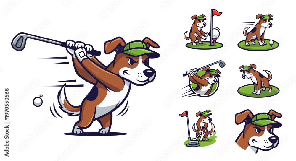 Fototapeta premium Cartoon Dog Playing Golf with Multiple Poses.