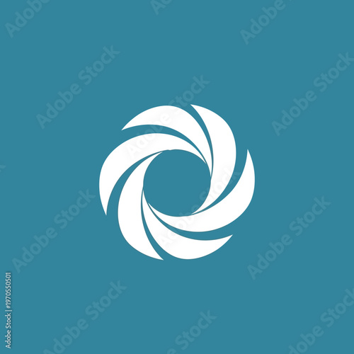 Abstract white swirling vortex shape on teal background.
