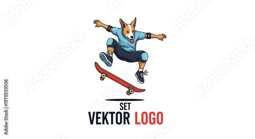 Anthropomorphic dog character performing a skateboard trick.