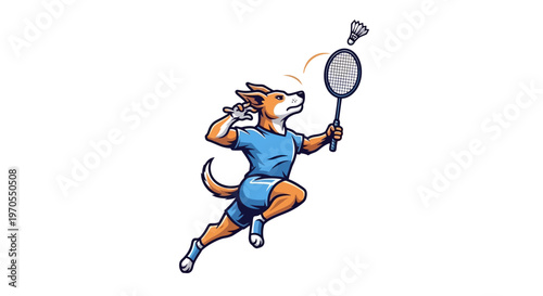 Anthropomorphic dog playing badminton with a racket and shuttlecock.