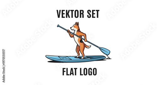 Anthropomorphic Dog Riding Stand Up Paddleboard with Paddle.
