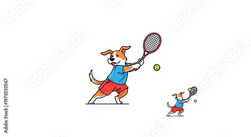 Cartoon Dog Playing Tennis with Racket and Ball.