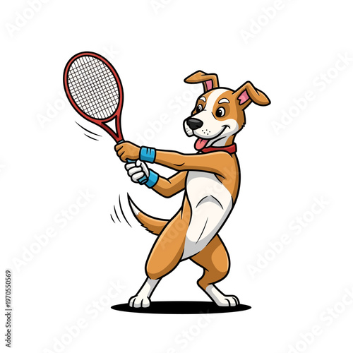 Cartoon dog playing tennis with racket.