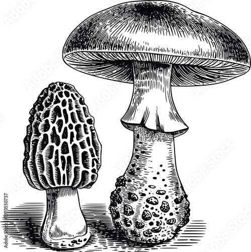Morel mushroom and amanita mushroom vector illustration, vintage style drawing of edible and poisonous fungi, botanical artwork.