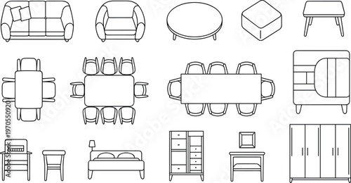 Flat vector furniture set, sofa, bed, table, chair, wardrobe, interior design