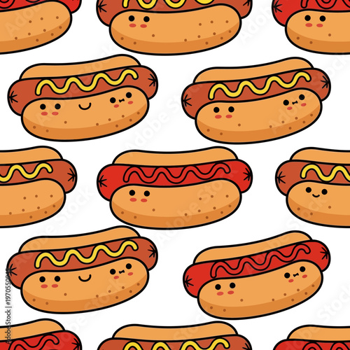 Cute Kawaii Hot Dog Characters Seamless Pattern.