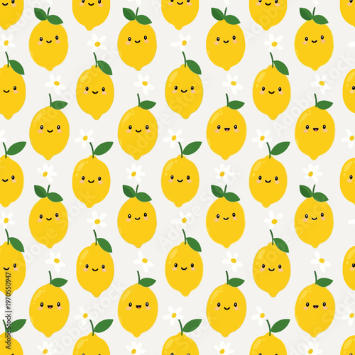 Cute Kawaii Lemons with Happy Faces Seamless Pattern.