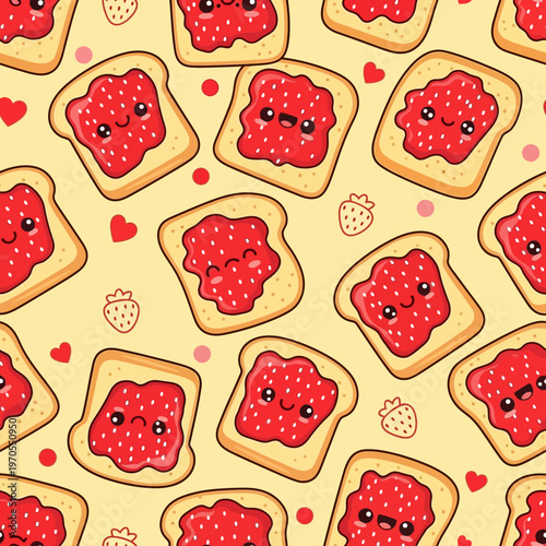 Cute Kawaii Jam Toast Characters Seamless Pattern.