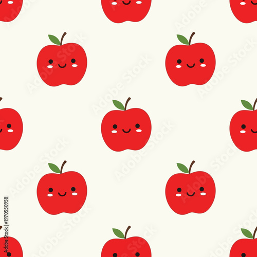 Cute Kawaii Red Apple Character Seamless Pattern.