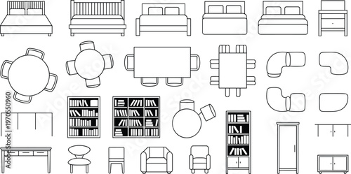 Flat vector furniture top view symbols beds sofas tables chairs cabinets