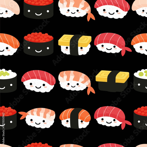 Cute Kawaii Sushi Characters Seamless Pattern.