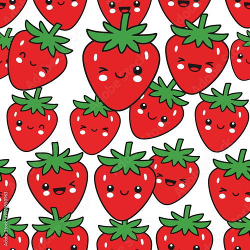 Cute Kawaii Strawberry Characters Seamless Pattern.
