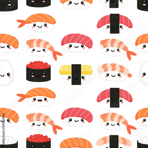 Cute Kawaii Sushi Characters Seamless Pattern.