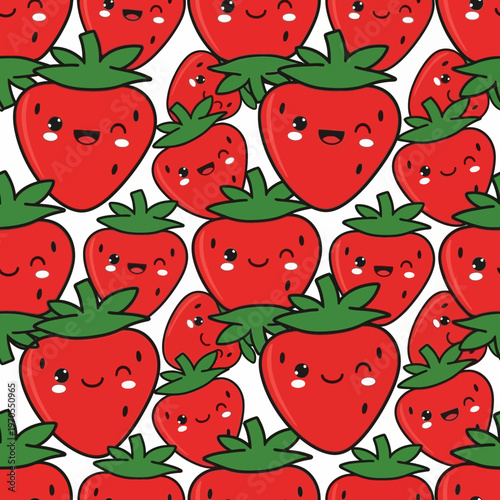 Cute Kawaii Strawberries with Happy Faces Pattern.
