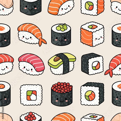 Cute Kawaii Sushi Food Pattern.